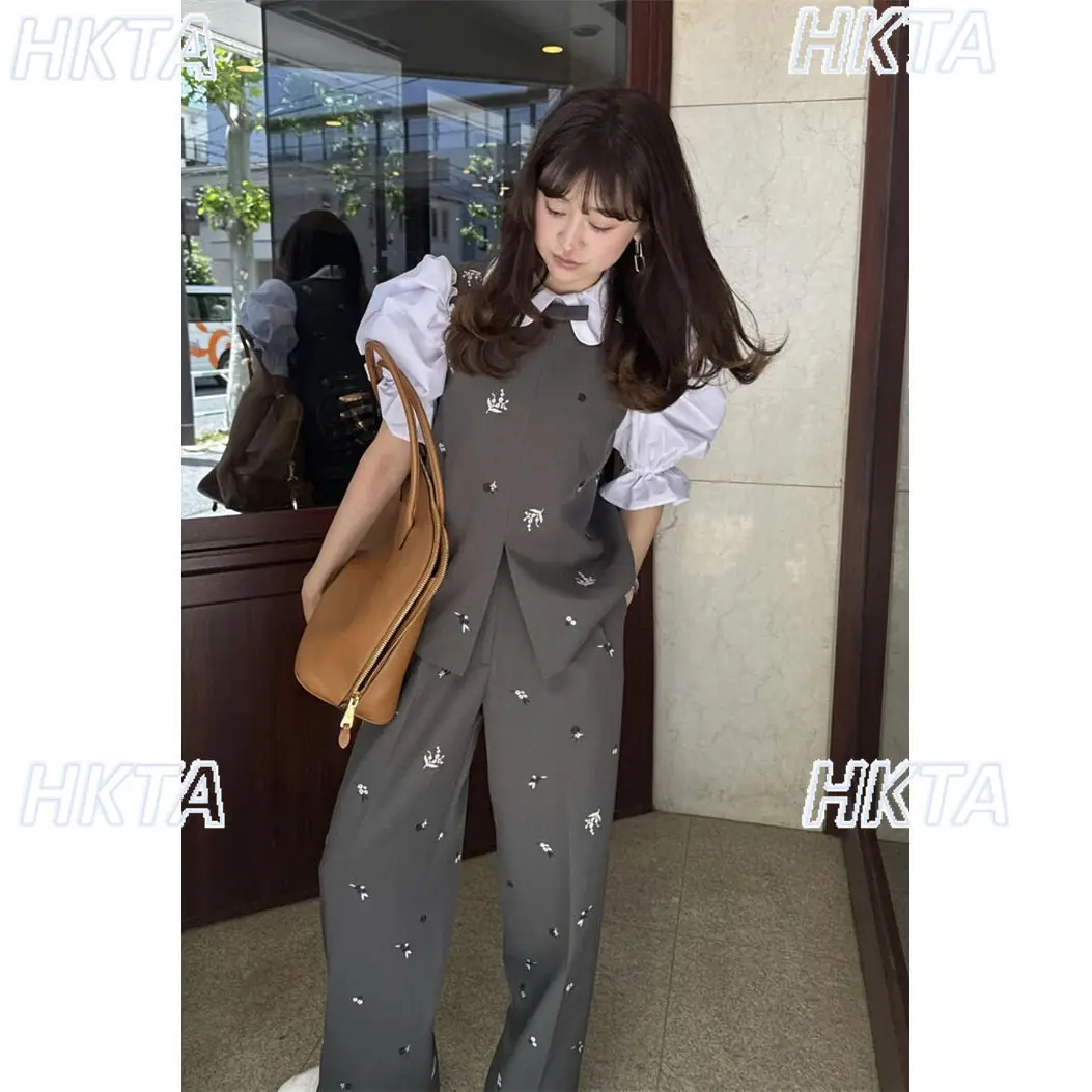 Japanese Style Summer Retro Commuter Flower Embroidered Bow Sleeveless Vest Tanks Top Girls Loose Casual Pants Shorts Sets Women
