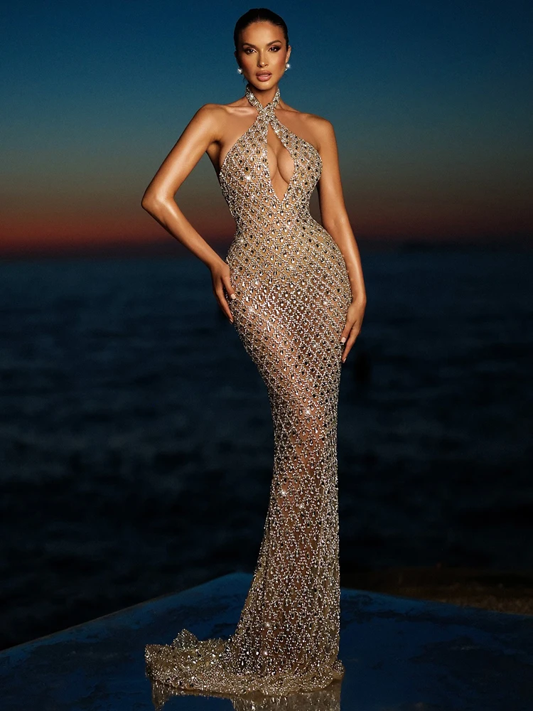 فستان طويل بحورية البحر باللون البيج للحفلات المسائية بفتحة مفتاح بدون ظهر ترتر بدون أكمام فساتين ماكسي للمشاهير #2