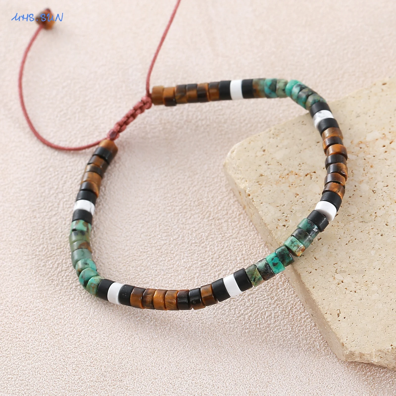 Fashion Natural Stone Tiger Eye African Pine Stone Round Bead Adjustable Woven Bracelet Women Jewelry Ideal Gift For Party Wear