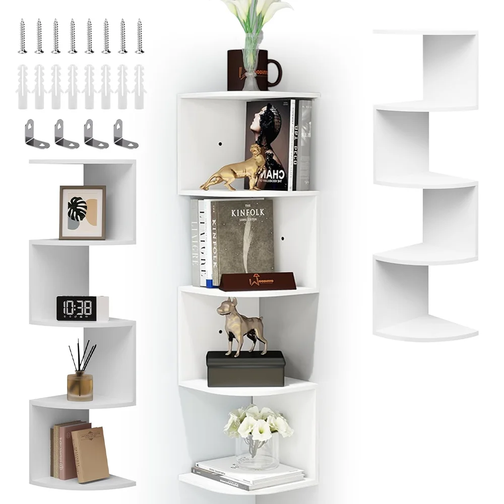 Étagère d'angle murale gain de place, bibliothèque d'angle flottante en zigzag à 5 niveaux, présentoir décoratif pour plantes pour chambre à coucher, salon, salle de bain et bureau à domicile