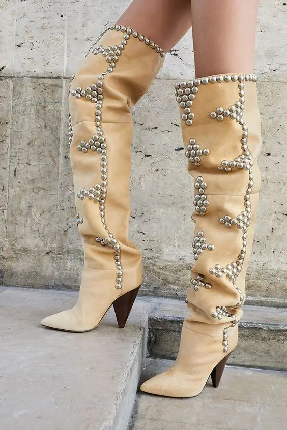 

New Arrivals Rivets Embellished Spike Heels Over the Knee Boots Ruched Pointed Toe Slip-on Winter Shoes Women Sewing Runway