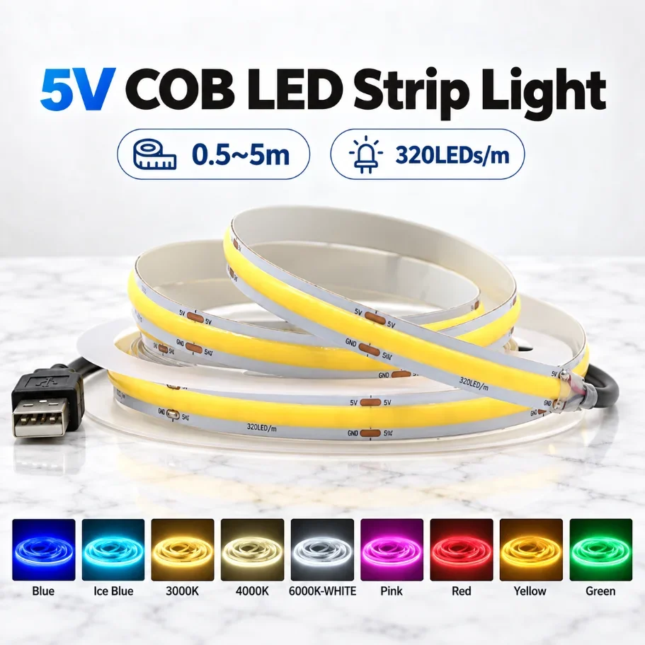 0.5-5M 5V USB COB LED Strip Light 320LEDs/m High Density Flexible Tape Light Multiple Colors for TV Backlight DIY Decor Lighting