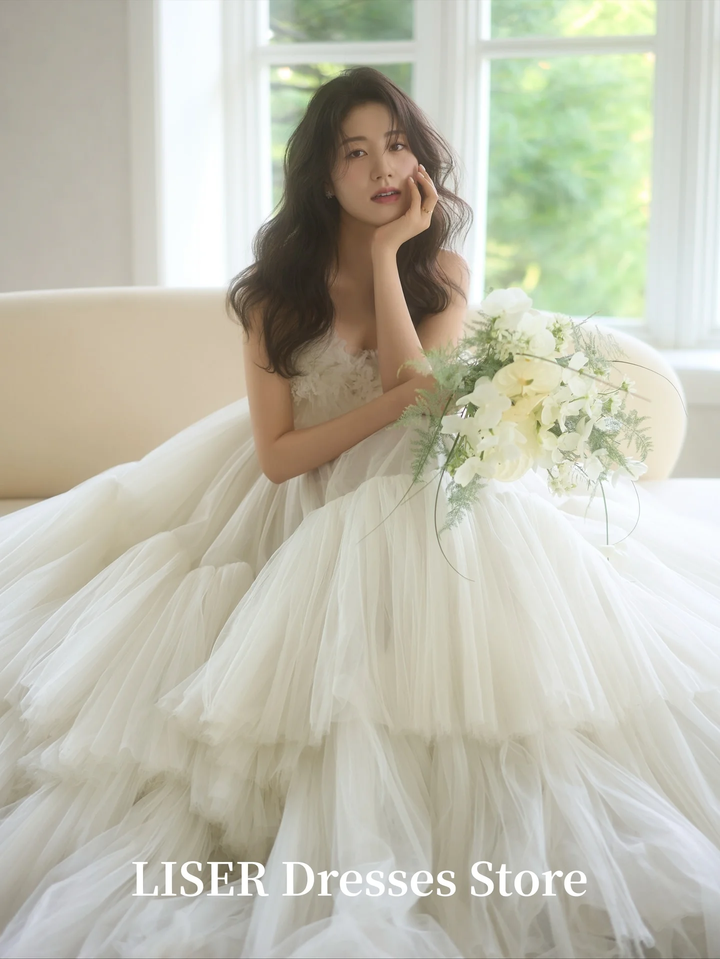 Liser A-Line Tiered Korea Wedding Dresses Flower Neck Luxury Silk Tulle Elegant Bridal Gowns Photo Shoot 웨딩드레스 Customized