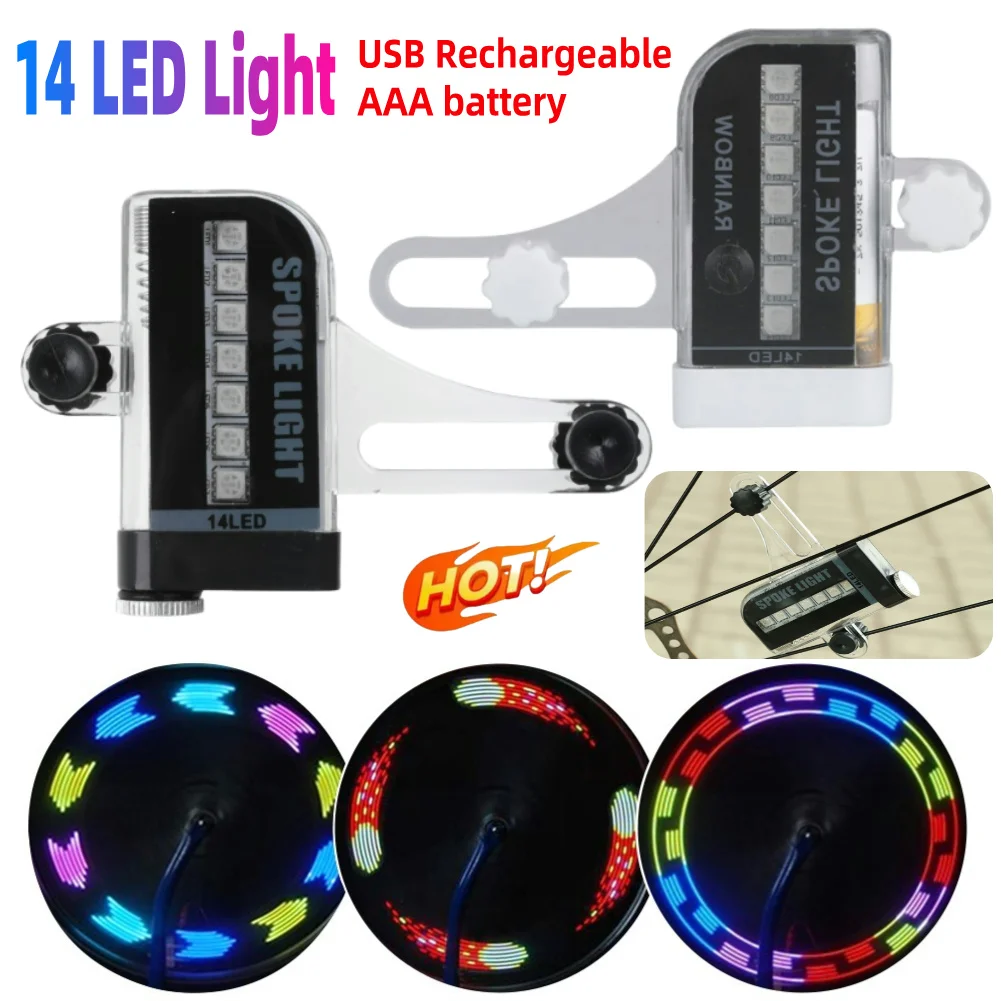 2pcs/1pc USB Rechargeable 14 RGB LED Cycling Bicycle Wheel Signal Tire Spoke Light Mountain Road Bike Safety Warning Lamps