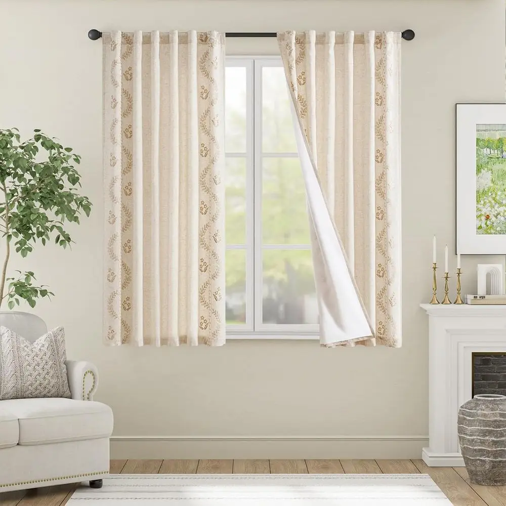 Beżowe, w stylu bohemy, z mieszanki lnu, z kwiatowym wzorem, z haftem, zestaw 2 paneli do sypialni i salonu.