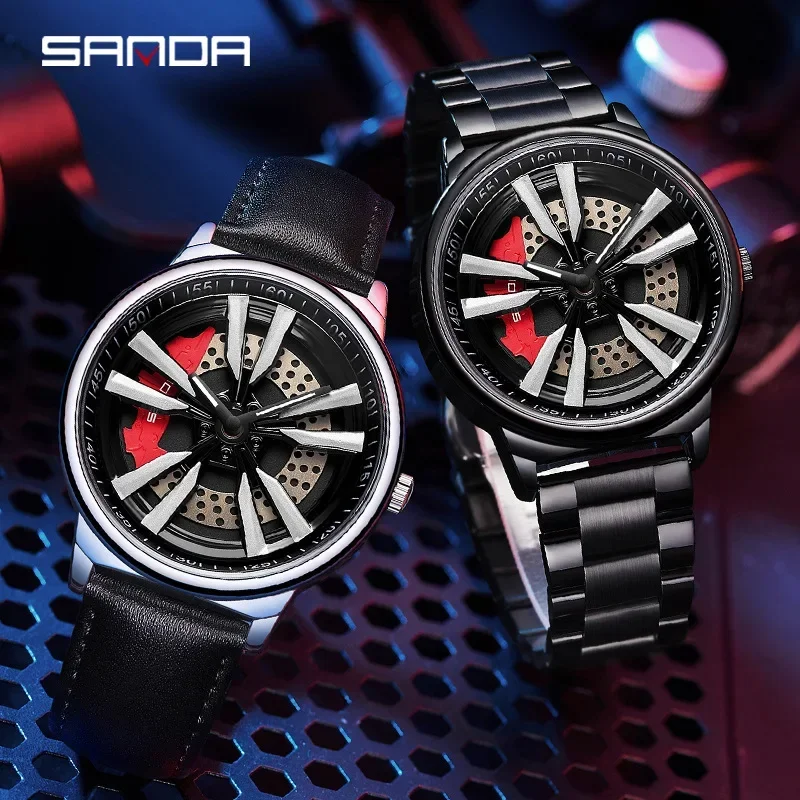 Sanda 1111 rueda giratoria de coche ahueca hacia fuera el diseño 3D Dial resistente al agua movimiento de cuarzo moda hombres reloj de pulsera analógico