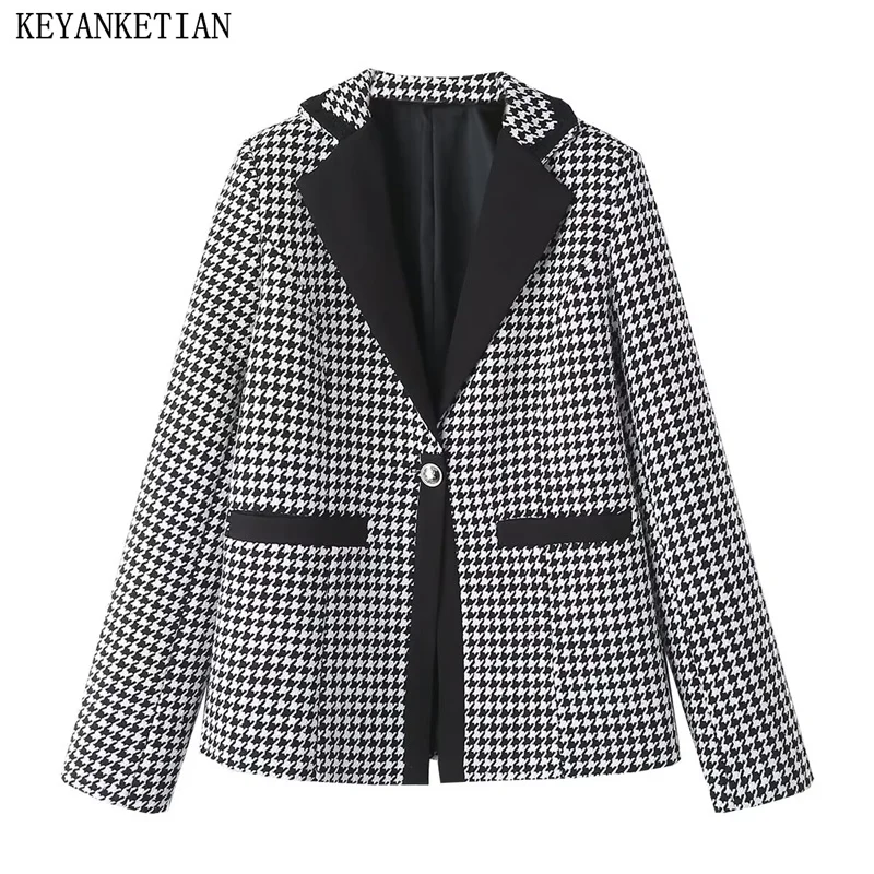 

KEYANKETIAN Winter New Contrast Color Houndstooth Tweed Texture Women Suit Top Stylish Retro One-Button Pockets Blazer Outerwear