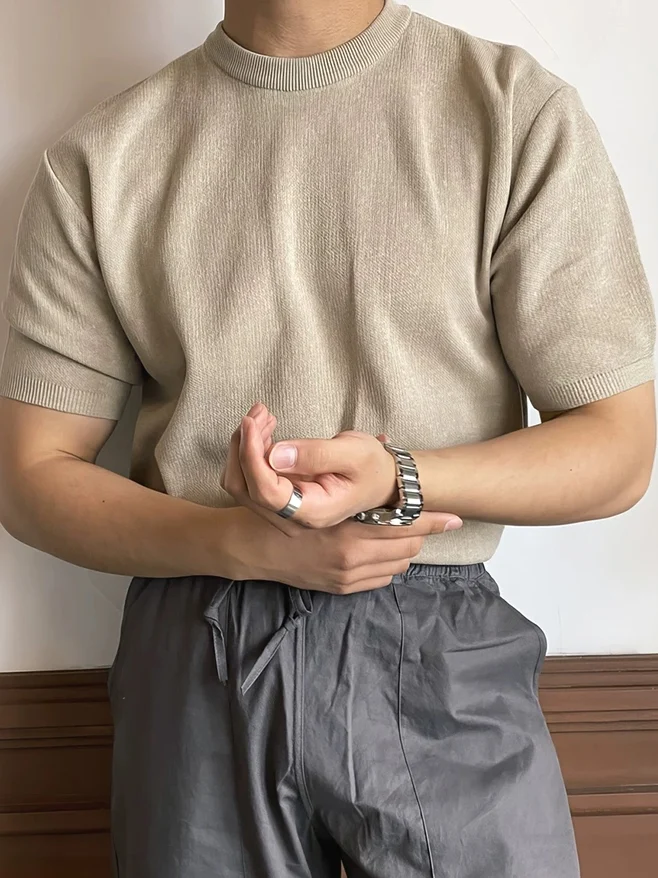 Slim Fit American Style Men's T-Shirt Ice Cool Breathable Short Sleeve Knitted Core Yarn Shirt Half High Collar Summer Fashion