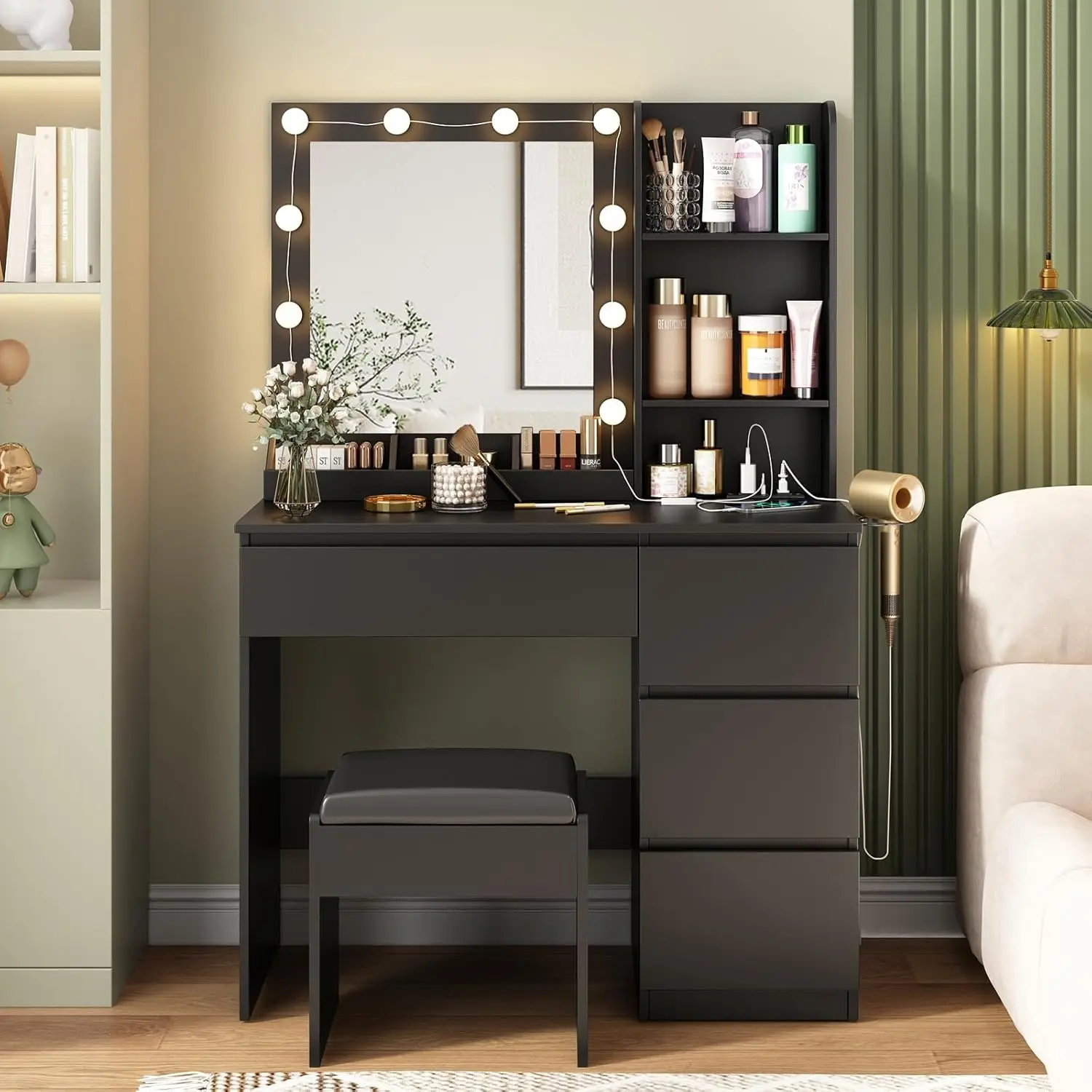 

Makeup Vanity Desk Set with Mirror & Light, Dressing Table Storage Lots w/Power Strip, 3 Lighting Modes w/ Adjustable Brightness