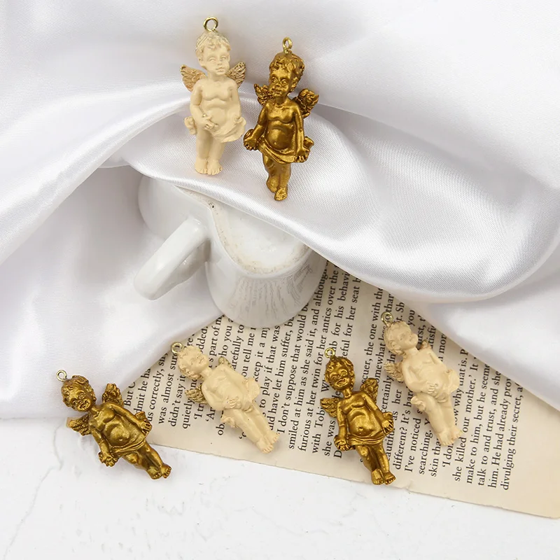 1pcs Diy Handmade Jewelry Accessories Retro Vintage Baroque Traced Gold Color Angel Earrings Pendant Material Resin Charms