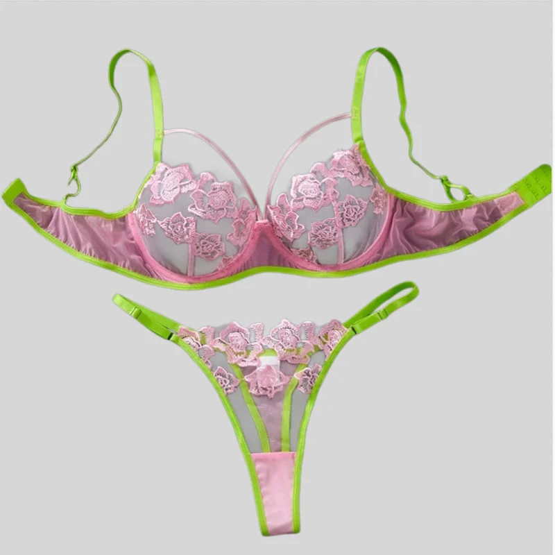 Contrast Women's Lingerie Pink Floral Lingerie Set Delicate Embroidery Sheer Mesh Sexy Lingerie Steel Rings Push Up Bralette Set