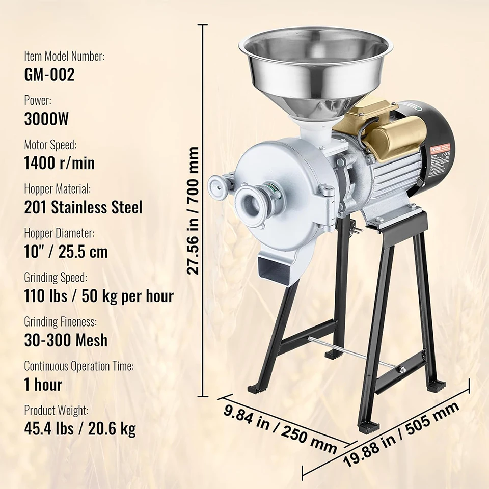 GM002 Heavy-Duty 3000W Electric Grain Mill Grinder Commercial-Grade Adjustable Flour & Spice Mill for Dry and Wet Grinding