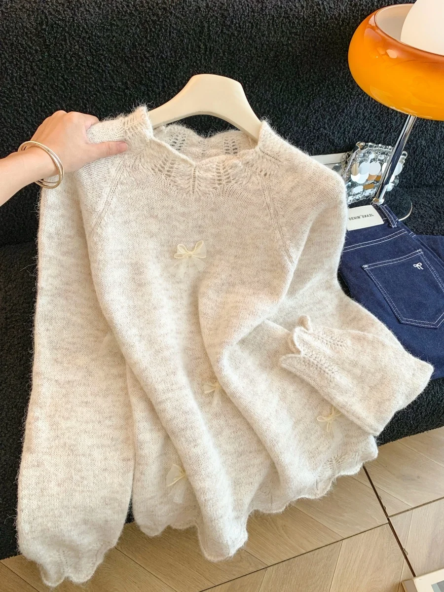 

Мягкий вязаный свитер женский осенне-зимний свободного кроя с длинным рукавом, круглым вырезом, ажурными элементами и узлами, базовый топ во французском стиле