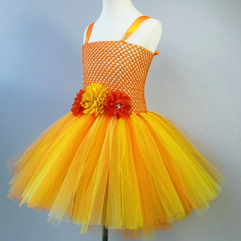 Orange Gold Butterfly Fairy Flower Tutu Dress for Halloween Costumes Fairy Princess Dresses Birthday Outfit