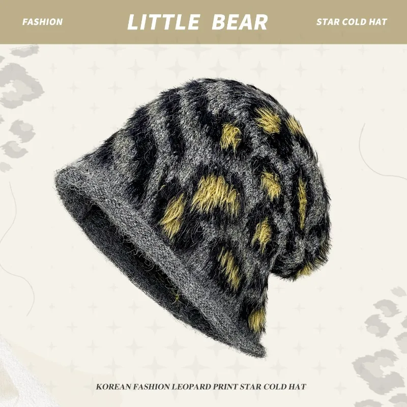 Amerikanische personalisierte Pullover-Mütze mit Leopardenmuster und Plüschfutter für Herren und Damen, Winter Retro warme Ohrenschützer, Skull-Beanie-Mützen – Detail 2