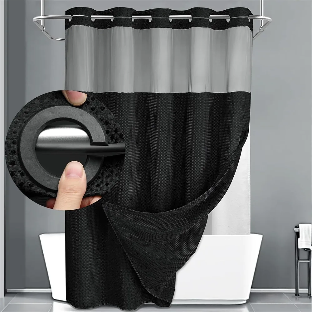 1PC unhooked large hole waffle check shower curtain, 72in*75in, hotel grade, spa waterproof shower curtain, black