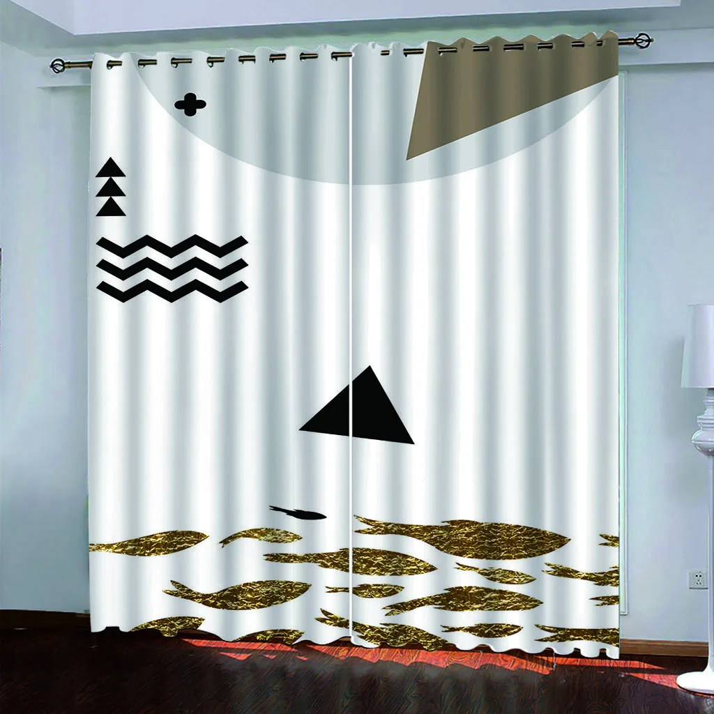 HUANZHUANG Living Room Curtain Fashion 3D Abstract Gold Fish 2 Pieces Shading Window Curtains For Bedroom Decoration Hook