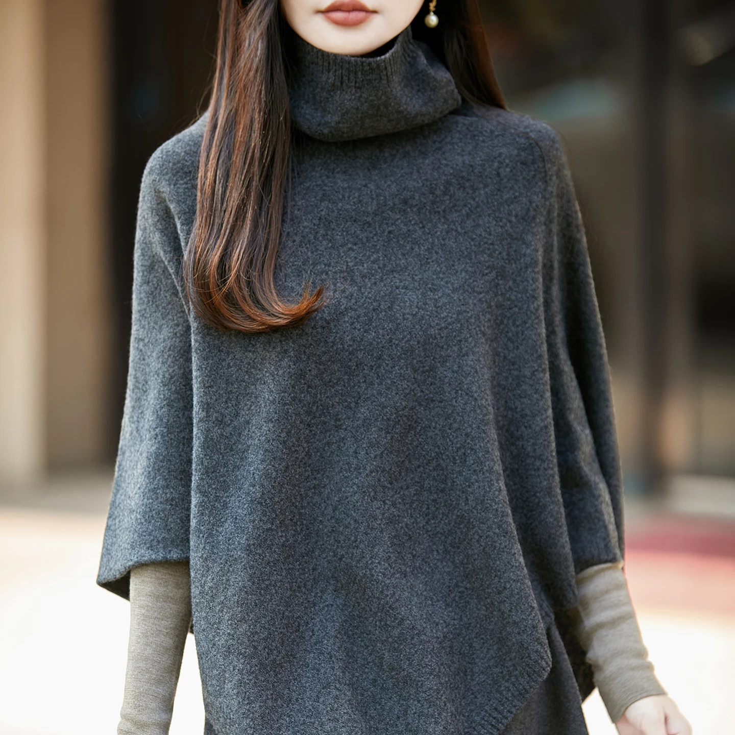 FRSEUCAG  Ladies' 100% wool pullover shawl casual loose knit autumn and winter new women's coat high neck shawl solid color