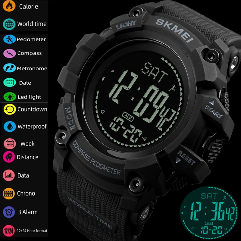 

Skmei Luxury Sports Watches Men Fashion Digital Calorie Pedometer Compass Countdown Waterproof Wristwatches Relogio Masculino