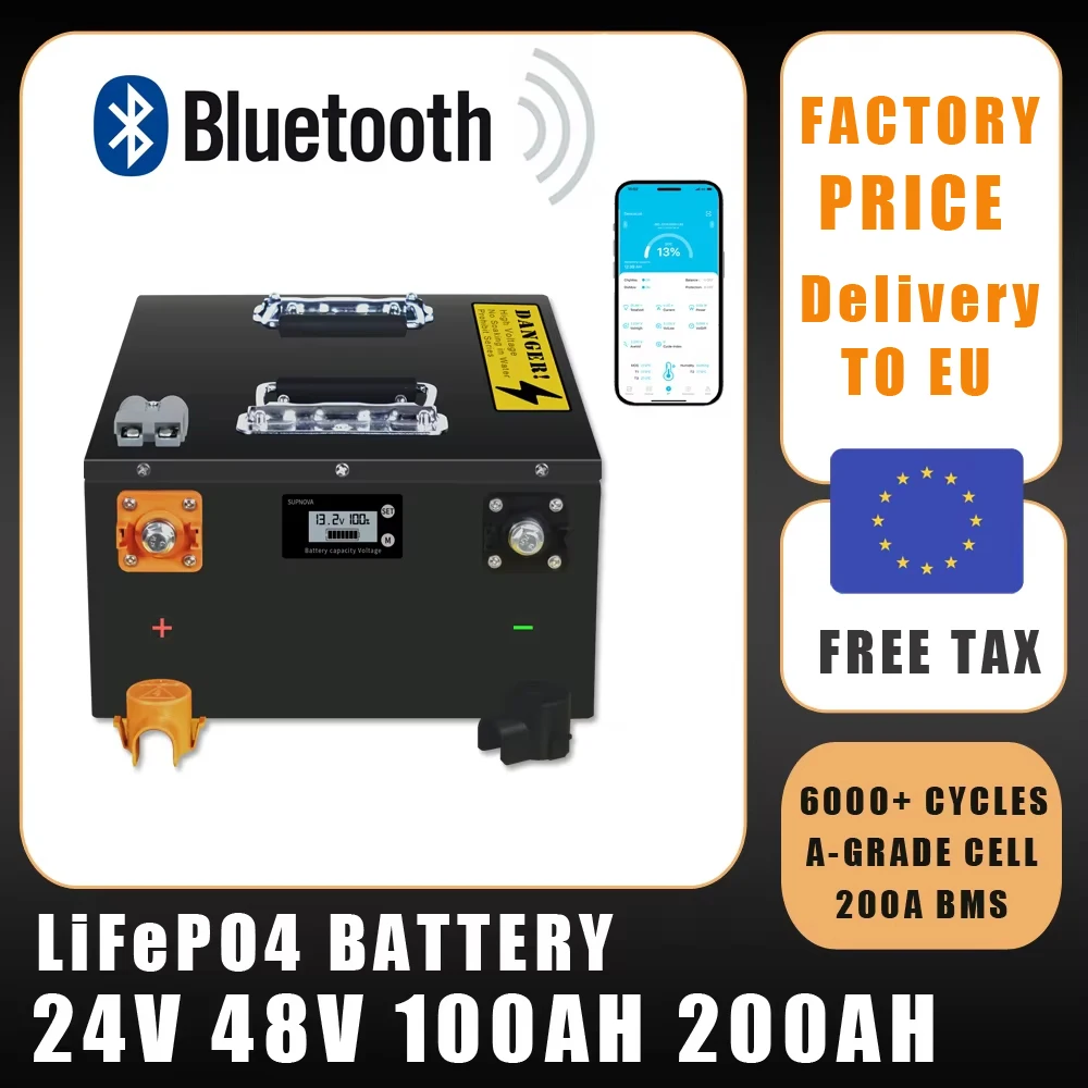 

24 В 48 В 50 Ач 100 Ач 200 Ач LiFePO4 Аккумулятор Встроенный Bluetooth BMS Для домашнего хранения на солнечной энергии Гольф-кар Лодка RV Бесплатно налог