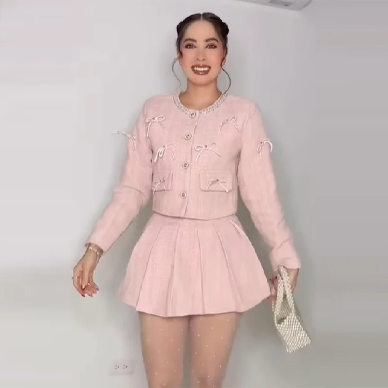 

Женская темпераментная куртка с милым бантом, сексуальная короткая юбка трапециевидной формы, женские костюмы для свиданий, новинка 2025, женская повседневная одежда