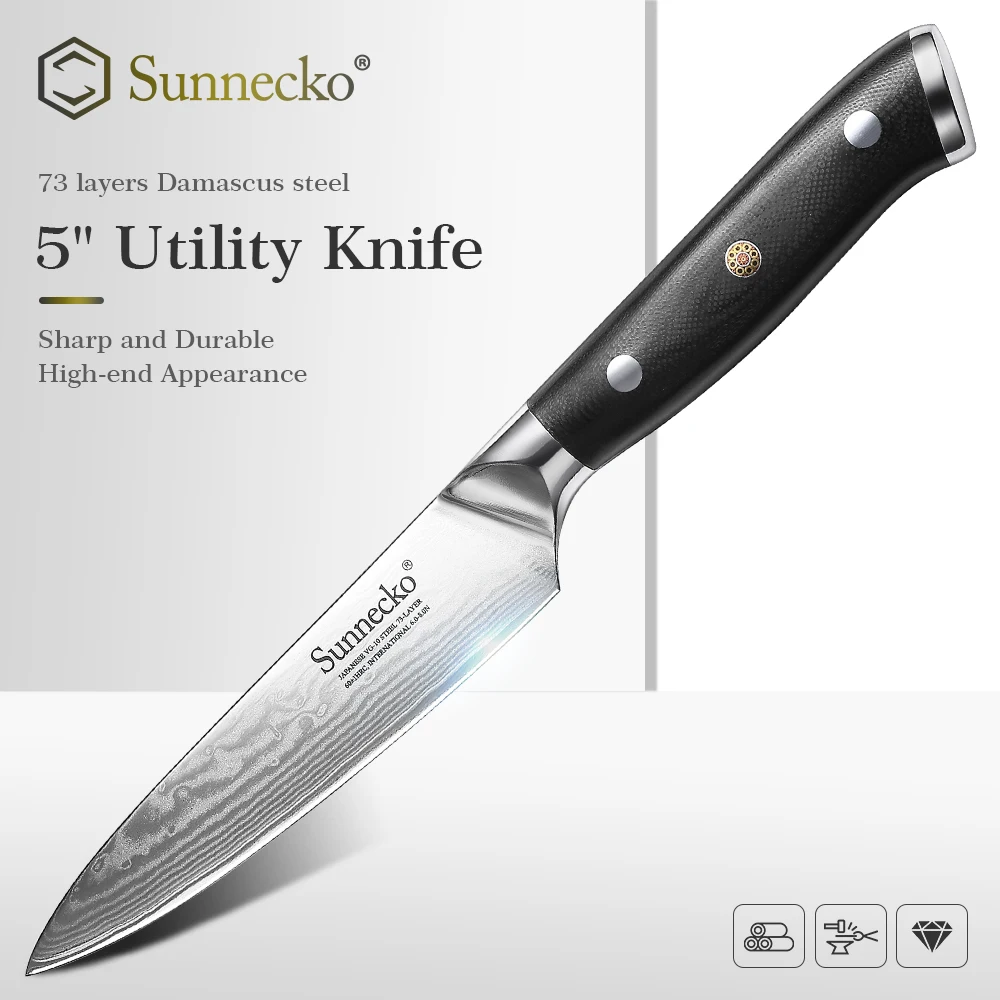 

SUNNECKO 5" Utility Knife Damascus Japanese VG10 Steel Strong Hardness Kitchen Knives G10 Handle Slicing Peeling Cooking Tools