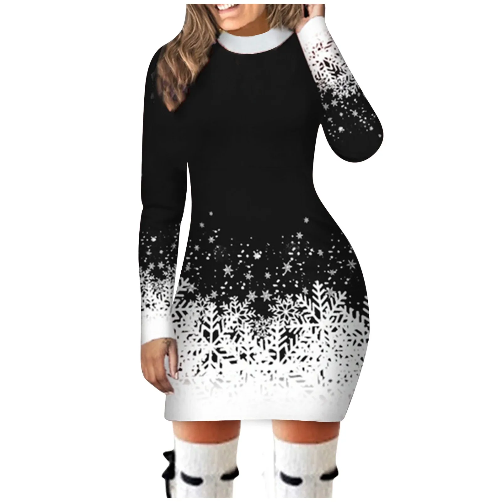 Weihnachten Schneeflocke Gedruckt Kleid Frauen Lange ärmeln Rundhals Weihnachten Party, Figurbetontes Kleid Elegante Casual Mini Kleider 2024