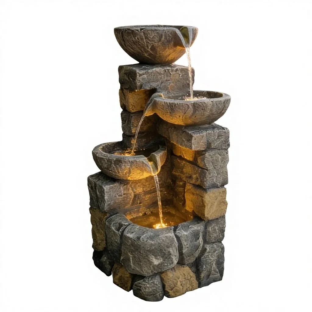 

Уличный каскадный фонтан с LED-подсветкой, 4-уровневый, в виде каменного водопада, для сада/патио/двора, электрический, из полимерной смолы под камень