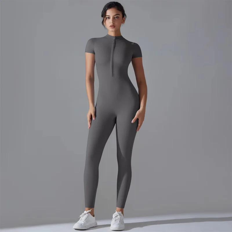 

Yoga Set Women's Jumpsuits One-Piece Suit Zipper Short Sleeve Gym Push Up Workout Clothes Fitness Bodysuit Sportswear Tracksuit