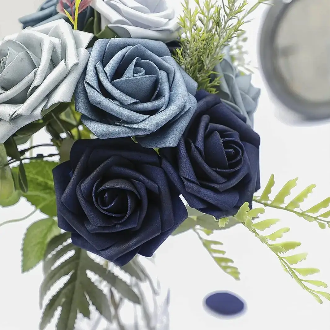 Artificial Flowers 25pcs Real Looking Navy Blue Foam Fake Roses with Stems for DIY Wedding Bouquets Bridal Shower Centerpieces P