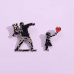 Banksy Rage Flower Thrower Enamel Pins Graffiti Wall Art Brooches Lapel Backpack Badges Funny Jewelry Gift for Fans Friends