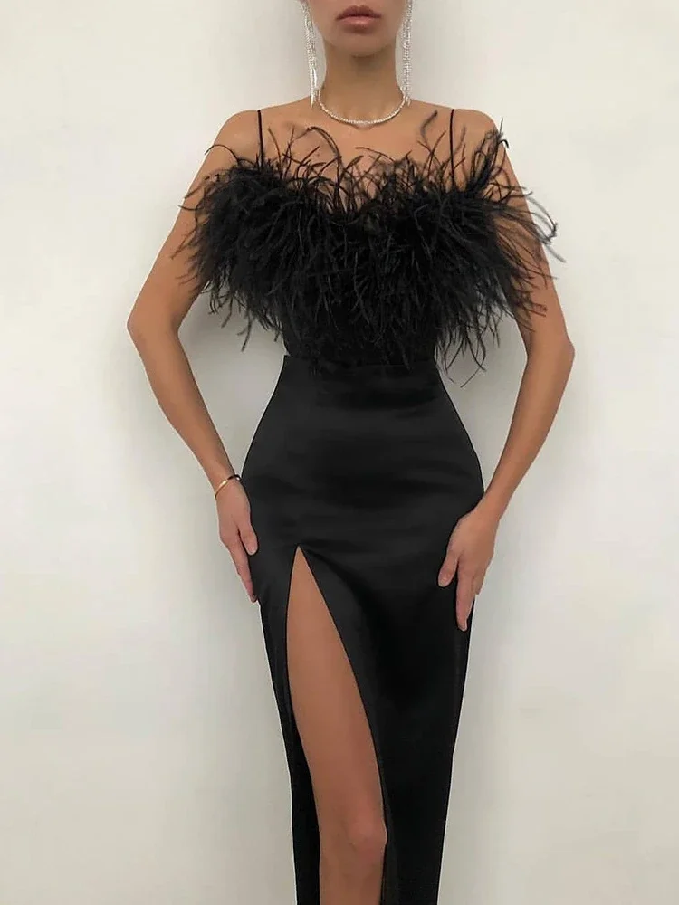 

2023 new spring and summer European and American women's dress with feathered halter slim temperament package arm dress