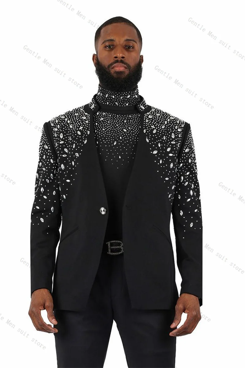 

Black Luxury Crystals Men Suit Set 2 Pcs Blazer+Pants Trousers Groom Wedding Tuxedo Formal Office Jacket Cotton Coat Customized