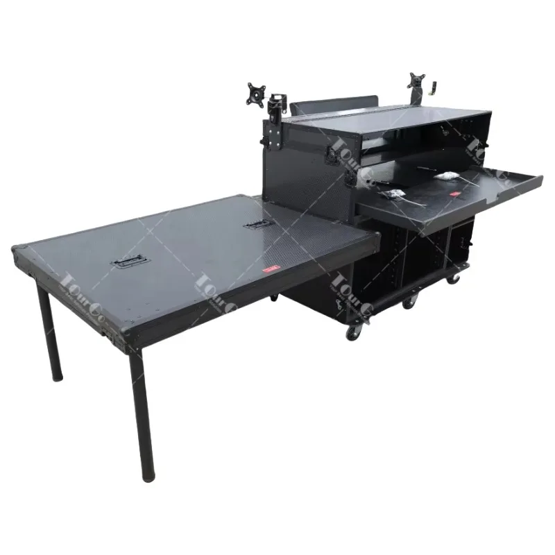 All Black Mobile Video Production Flight Case AV Broadcasting Streaming Recording Studio Workstation with Double Laptop Arm