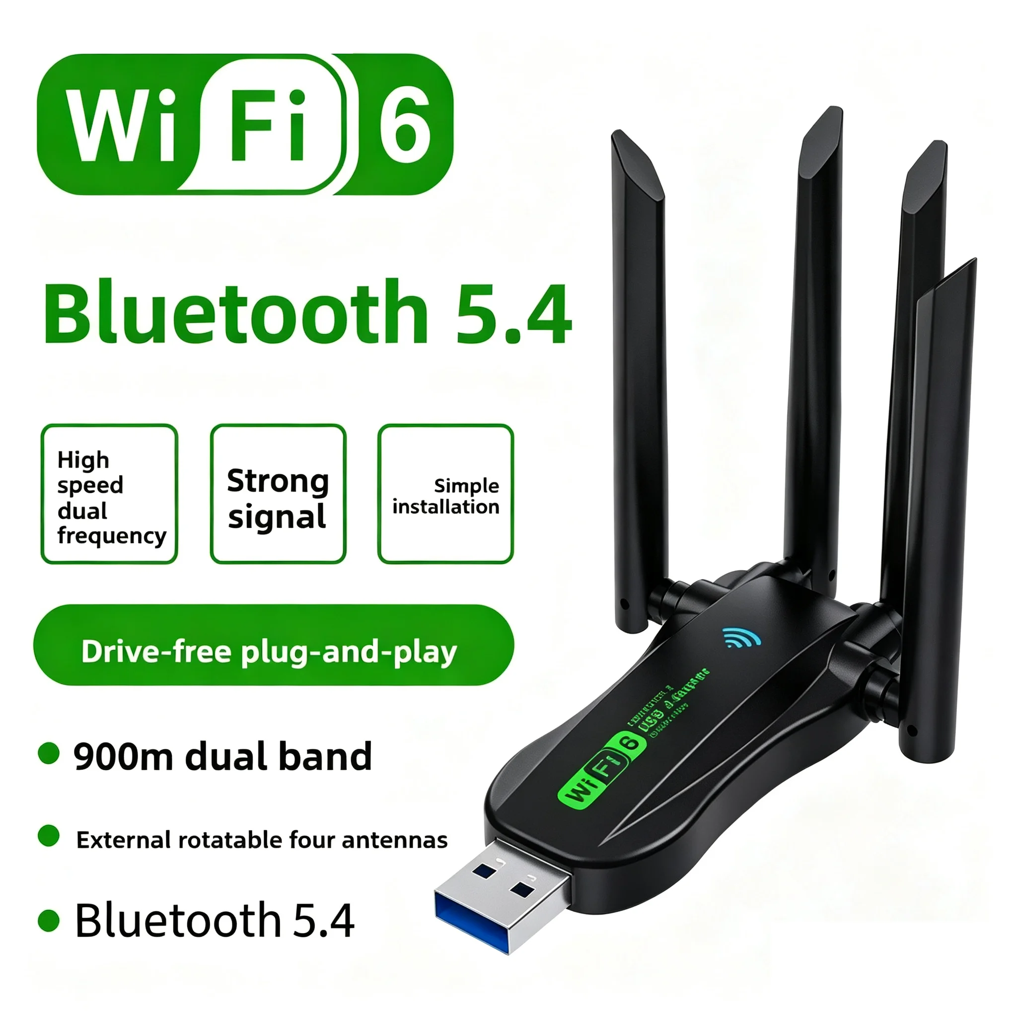 Adaptador USB WiFi6 de Banda Dupla, Dongle WiFi AX900 Bluetooth 5.4 900Mbps, Plug and Play com 4 Antenas Interface USB 2.4G/5Ghz