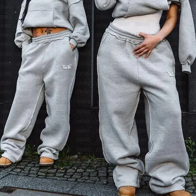 Y2K Autunno Inverno Caldo Hip Hop Pantaloni da strada Tendenza sportiva Vintage Joker Moda Lettera Ricamo Pantaloni slim dritti a gamba larga