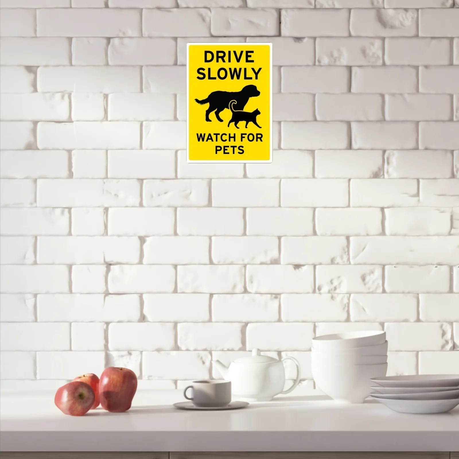 2D Flat, 2d Flat 1pc Drive Slowly Watch for Pets Sign, Metal Tin Animal Warning Road Safety Sign, Weather-Resistant Iron Paintin