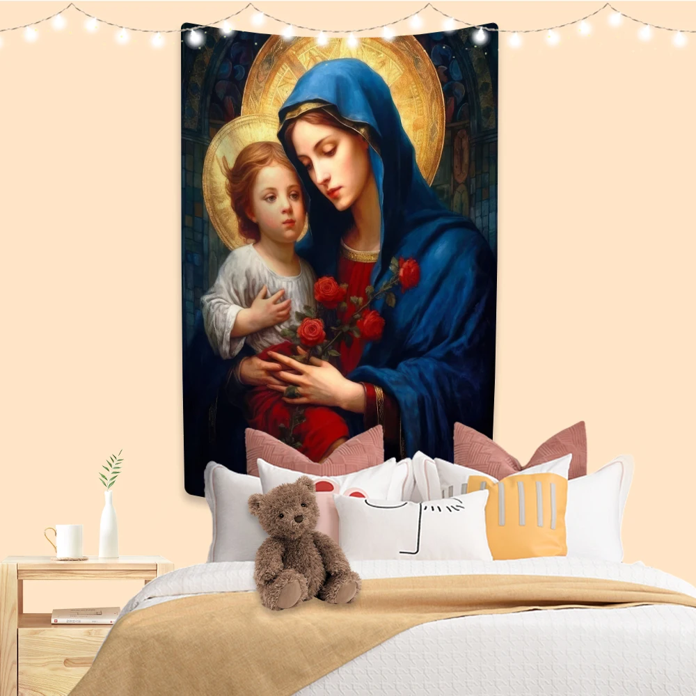 XxDeco Christianity Art Tapestry Virgin Mary Printed Large Fabric Of Living Room Decor Wall Hanging Background Party Backdrop