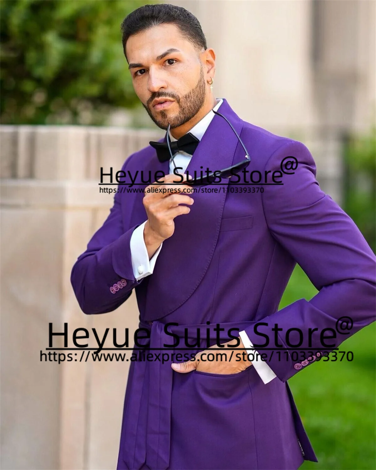 Fashion Purple Elegant Men Suits Slim Fit Shawl Lapel Groom Formal Tuxedos Prom Party 2 Pieces Sets Business(Jacket+Pants+Belt)