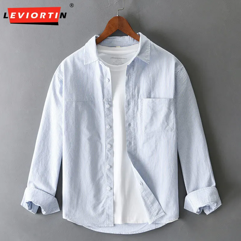 2025 Spring/Autumn Men's Top Loose, Handsome, Versatile, Casual Shirt Trendy Design, Striped Collar Long Sleeve Shirt T708