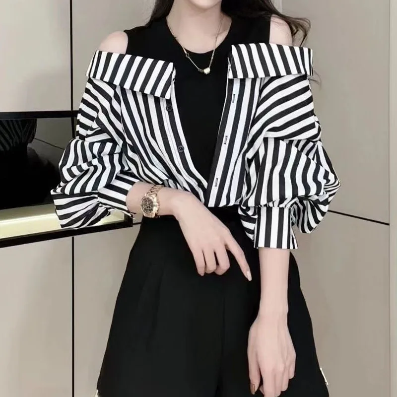 Korean Casual Striped Spliced Fake Two Pieces Shirt for Female Fashion All-match Off Shoulder Blouse Autumn Women\'s Clothing