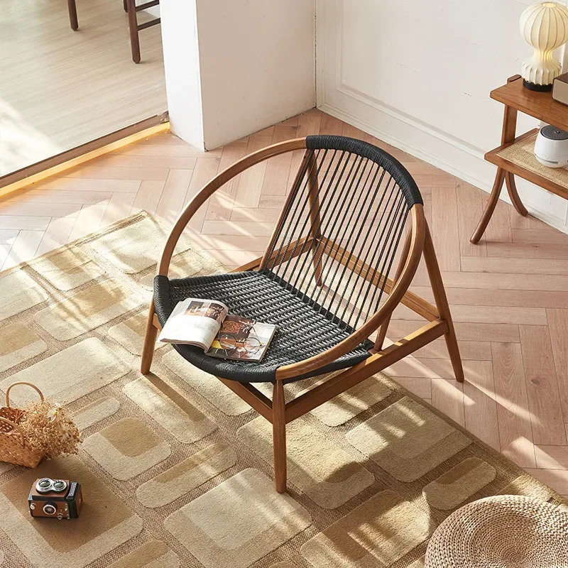 Modern simple casual black hemp rope woven living room home ash wood bed and breakfast solid wood round sofa chair