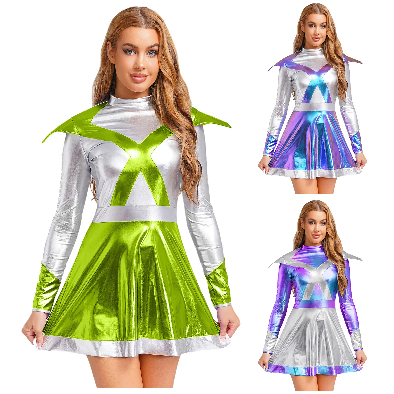 Disfraz de astronauta alienígena para mujer, disfraz de fiesta temática de Halloween, vestido elegante del espacio exterior, vestido acampanado de manga larga brillante metálico