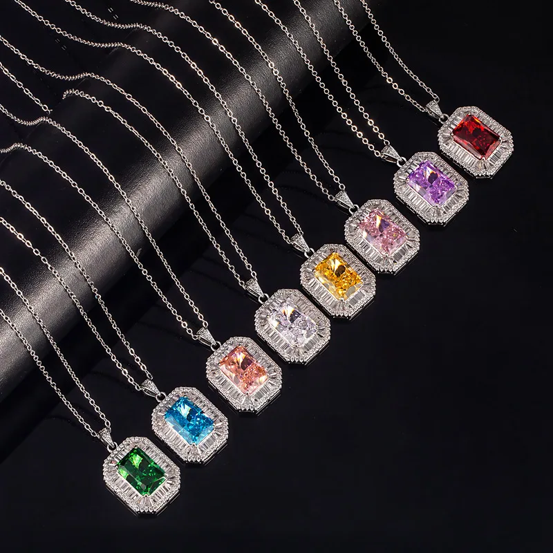 Elegant Square Ocean‑Blue Zircon Pendant Necklace for Women, Trendy S925 Sterling Silver with Pink Ice‑Cut Cubic Zirconia