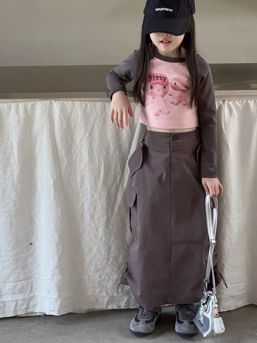 

Girls Skirt Autumn New Korean Version Pleated Drawstring Workwear Loose Casual A-line Long Skirt Handsome and Fashionable