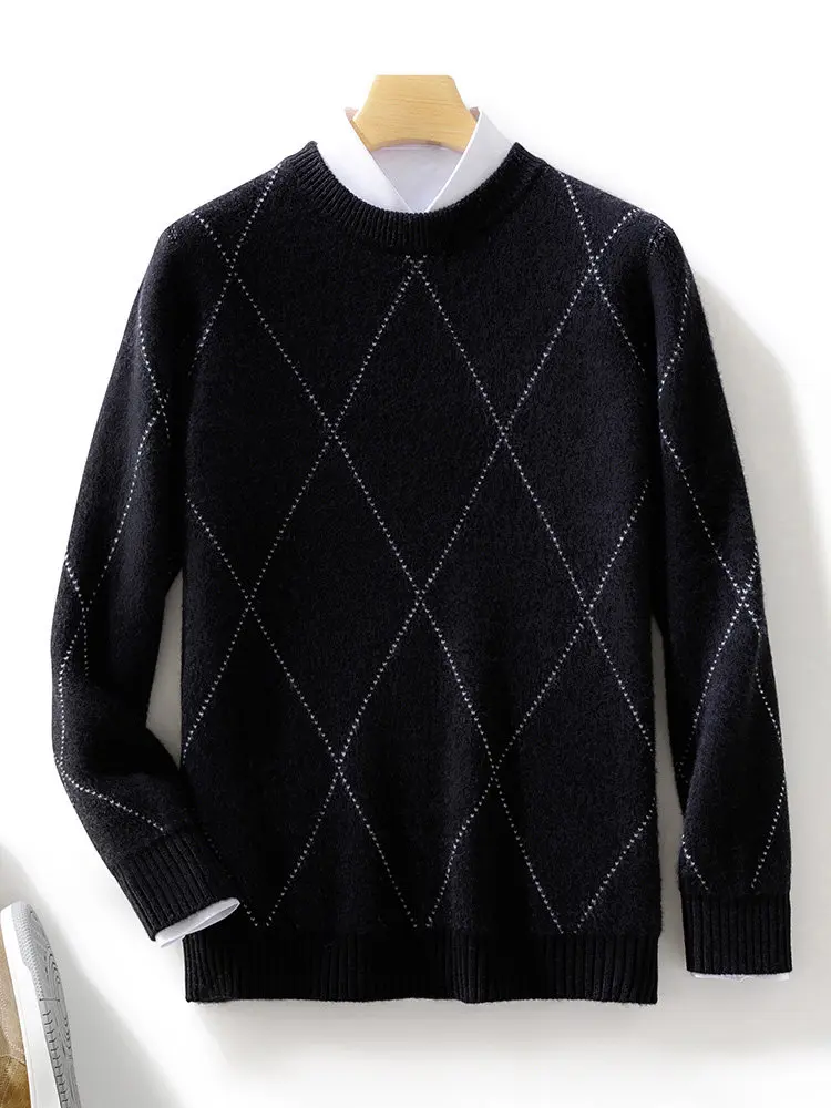 

100% Australian pure wool thickened round neck square jacquard business casual fashion knitted sweater