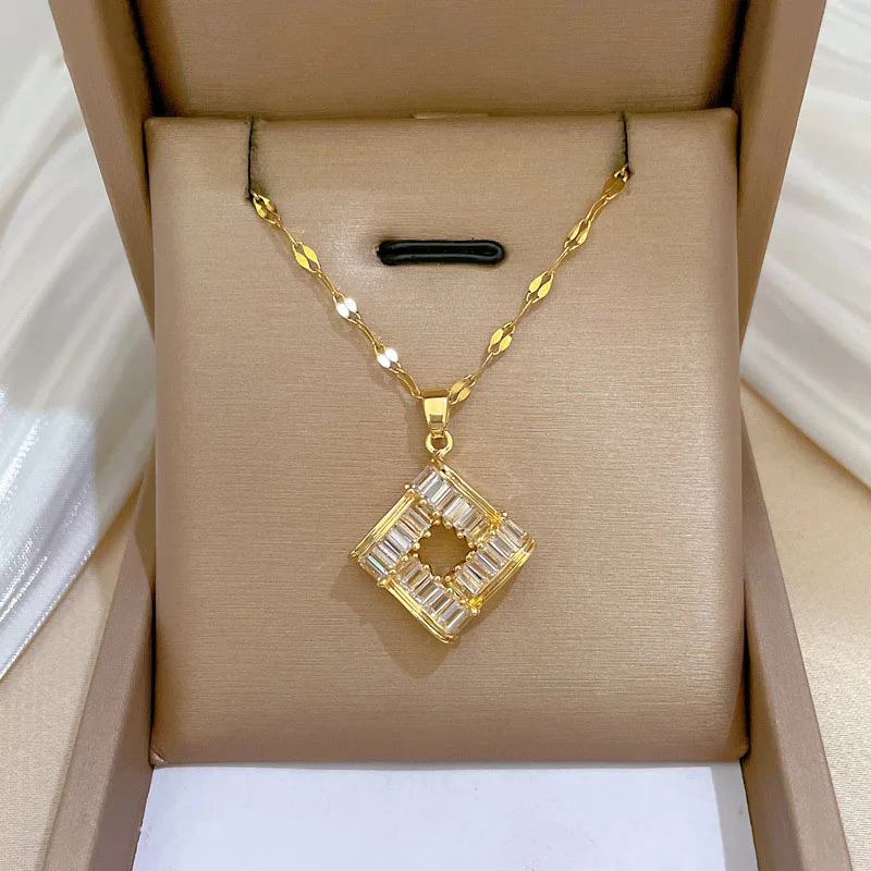 DIEYURO 316L Stainless Steel Steell Square Geometric Crystal Set Pendant Necklace Earrings Set For Women New Trend Jewelry Gift