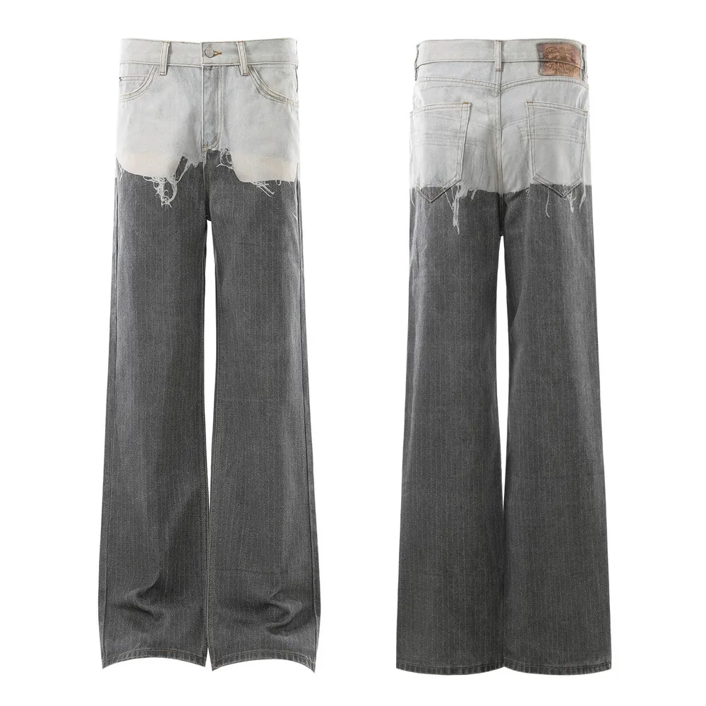 MWJLPWQ Vintage Contrast Color Unique Jeans Men Tie-Dye Distressed Punk Streetwear Niche Design Loose Straight-Leg Pants 17202