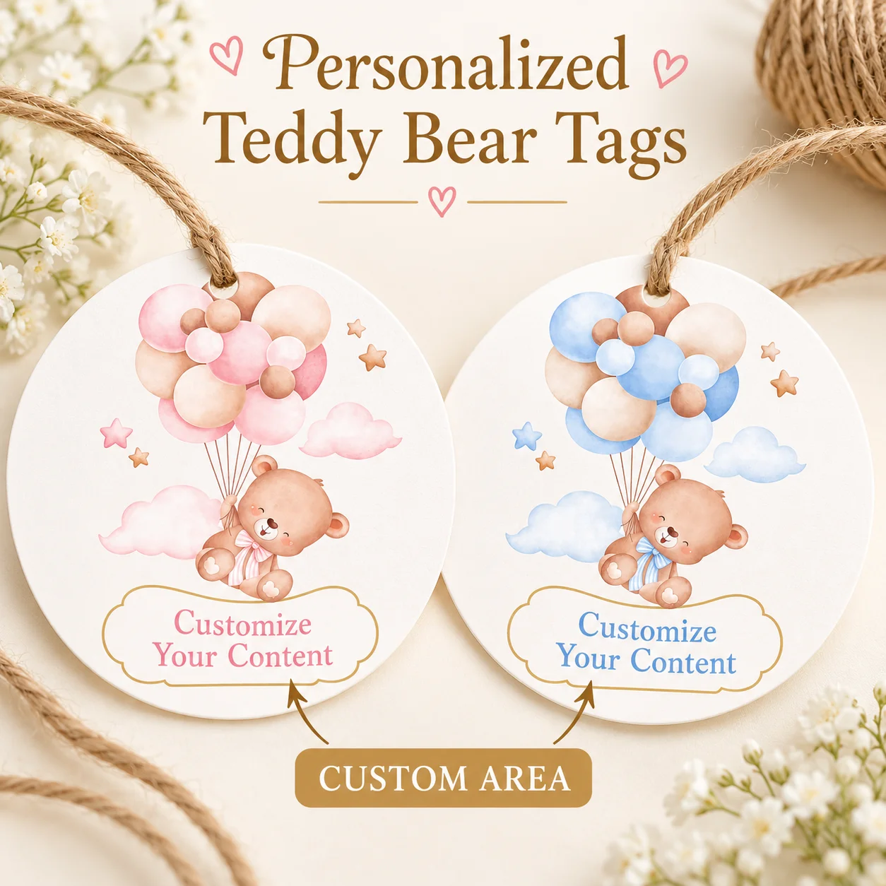 Customized Round Bear-Shaped Balloon Tags, Available in Pink and Blue, Can Be Customized with Names, Dates, and Messages, Suitable for Baptism Celebrations, Birthday Parties, Candy Bags, and Gift Packaging, Allowing Each Gift to Carry a Unique Message