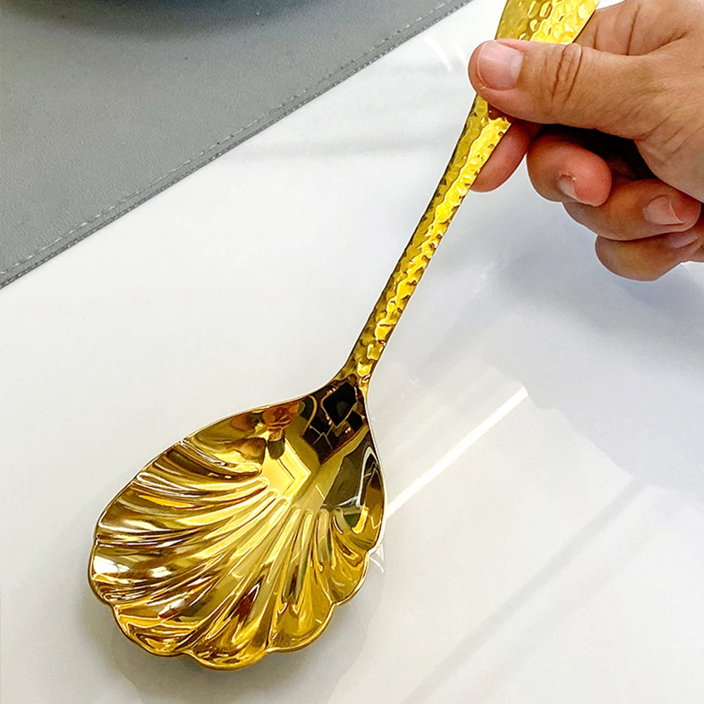 Stainless Steel Shell Shape Serving Spoon Gold Silver Large Long Handle Slotted Spoon for Dining Events and Catering Service